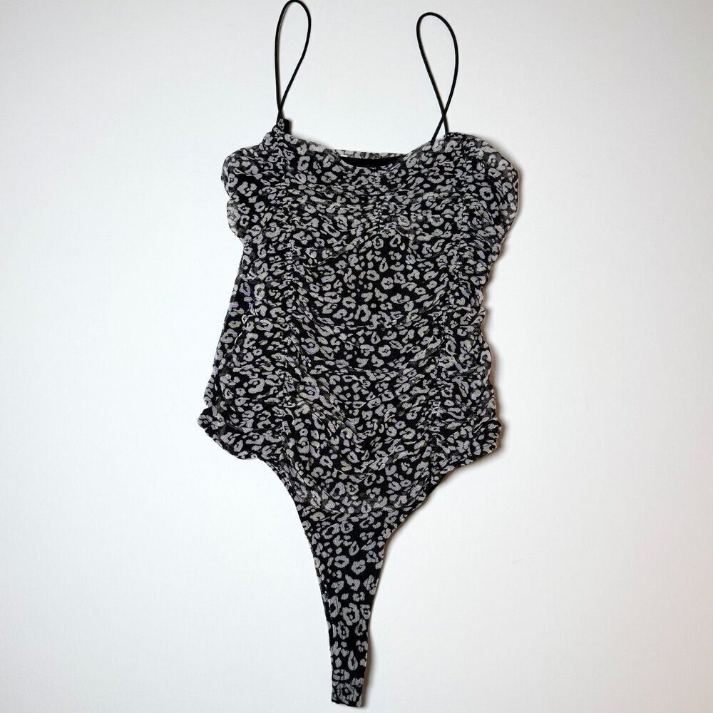 Polly & Esther Black & White Mesh Ruched Leopard Print Bodysuit Sz L